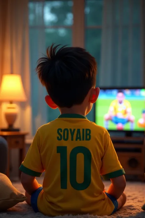 A  boy is watching tv, his name is Soyaib, wearing a jersey of Brazil, jersey number 10