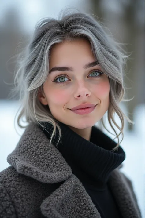 Create a realistic, close-up portrait of a young female influencer aged between 22-26. She has fair skin with a smooth, natural texture and vibrant gray hair styled in soft waves that frame her face. Her eyes are strikingly green, giving her a unique and c...