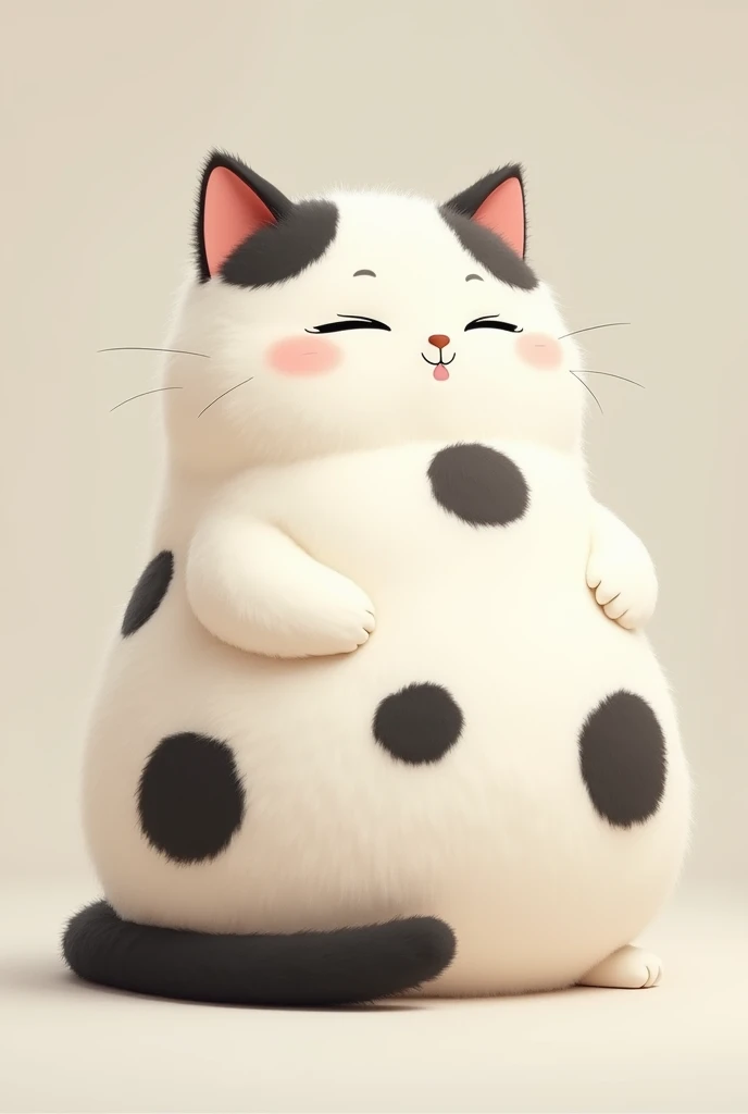 A fat cat with white all over its body and black spots on its head and a circular spot on its back