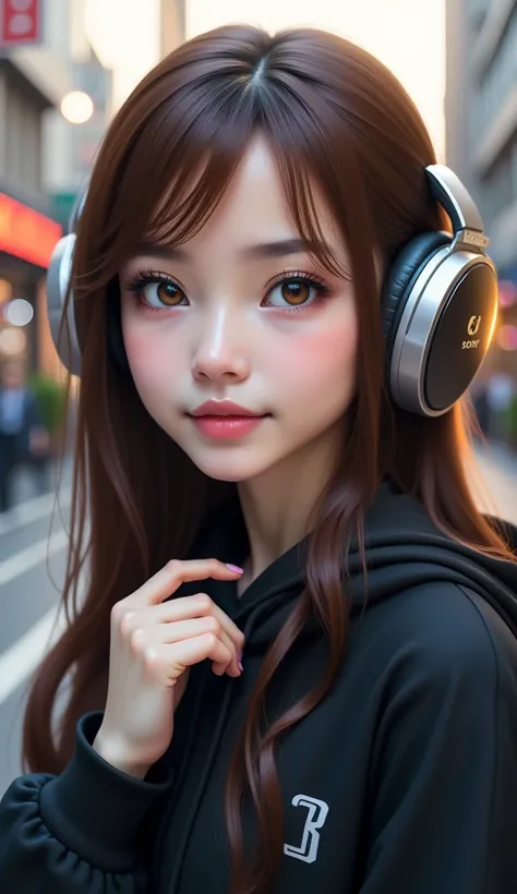 sonyの  headphonesを着用している:1.5、  headphones、 one naughty girl 、magical girl、  complete anatomy 、  small face、fuller lips、brown hai...