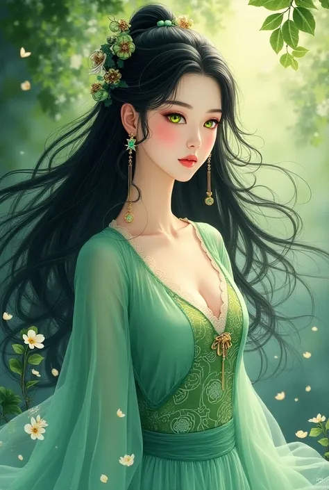 Watercolor painting of a garden woman, an ancient Chinese dress, like a Chinese goddess of paradise, black hair is perfectly combined with green, and the eyes are filled with brilliance, the eyes of emerald writing sparkle like precious jewels.