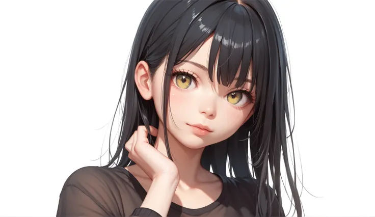 black haired girl, young , white background, high res, ultrasharp, 8K, masterpiece, looking at viewer