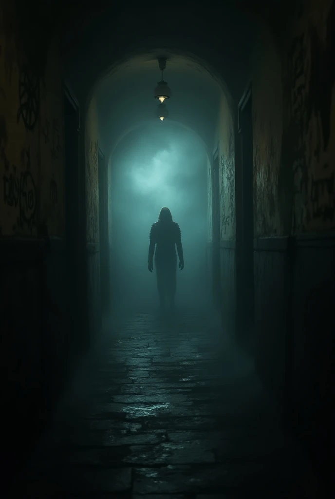 Dark museum hallway with eerie mist, glowing symbols appearing on walls, faint outline of a mummy in the distance, cinematic detail, horror atmosphere, dramatic shadows, ultra-realistic