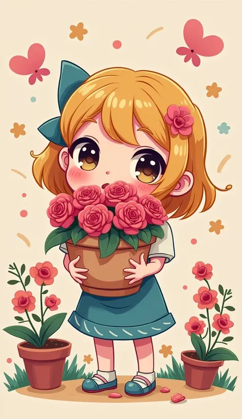 You Orchid holding rose pot in chibi cartoon style