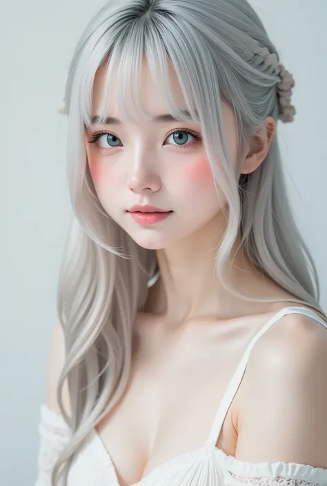  Albino Woman 、solo、非常にcute顔立ち、cute、 Subtle Smile :0.2、 very long hair 、Let your long hair down、 Beautiful Silky Gray Hair 、 Off-the-Shoulder White Dress、 Very Simple Dress 、Soft-Looking 、 photography studio、