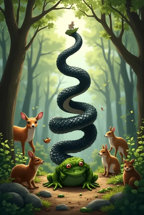 Deer rodents rabbits and birds in the forest surrounding a black snake that has its body around a green frog