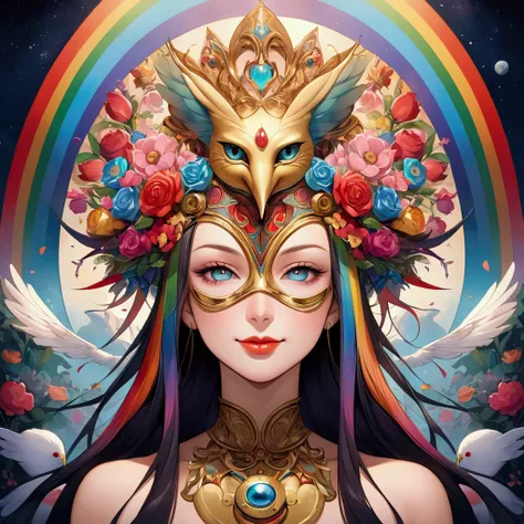 Cat god wearing half face mask ，Italian Mask ， with 100 flowers，detail， rainbow hair, Lips slightly open, gear, Smile, Sexy，Long hair in front of the front of the perspective ,  Carl Larson style painting, Satellite bird&#39;s eye view, 