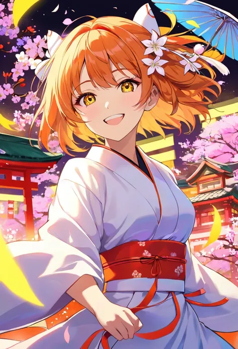  Cool Adult Woman 、 short orange hair and yellow eyes、Shrine Maiden&#39;s Clothing、(neon background with fluttering flowers)、  fearless smile  、( face)