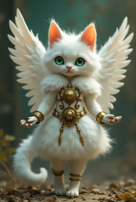  Beautiful furry cat girl with long white fur, with angel wings, wearing Steampunk costume ,  green eyes and looking at the viewer with a smile.