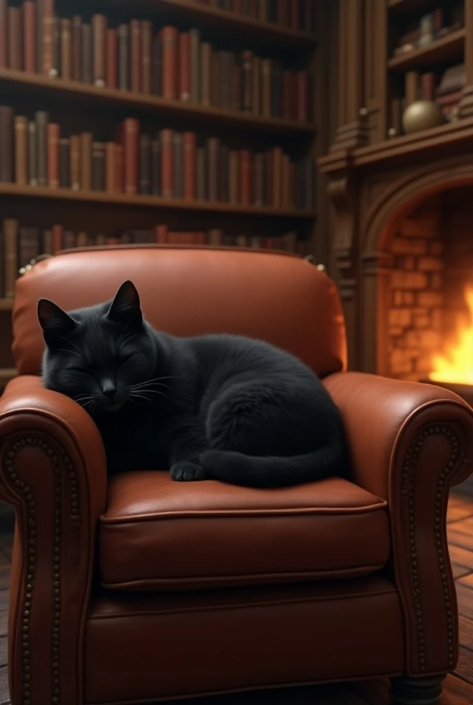 A little black cat sleeps on a large armchair in a library with a fireplace 