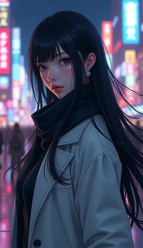  「 This is a realistic picture of an Asian woman with long, flowing black hair standing on a city street at night。 has pale skin 、 has a strong thoughtful expression 、 wears a stylish, modern white coat and scarf 。 and a vibrant cityscape with neon lights ...