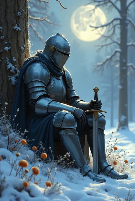 A lone medieval knight The plate armor sat peacefully in the snow, with a calm and melancholic atmosphere. The knight was resting with his hand on his sword, surrounded by flowers that were starting to freeze and some that were wilting. In the background, ...