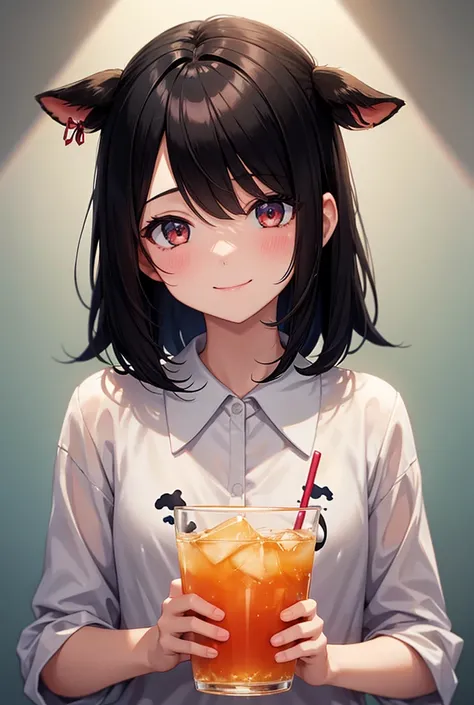  1 girl, smile,  shortcuts, Black Hair,  high definition,  high quality, Bob Hair, Droopy eyes,  yandere,  simple background , Cow pattern clothing，Drink small iced tea