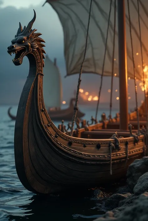 Prompt: "Detailed Viking longship design, UHD, dragon head on prow, intricate woodwork, cinematic lighting