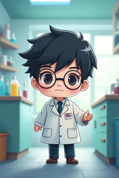 chibi style illustration magical doctor man with short hair,black hair. who wore glasses, and a lab coat, putting her hand into her hospital lab,black eye