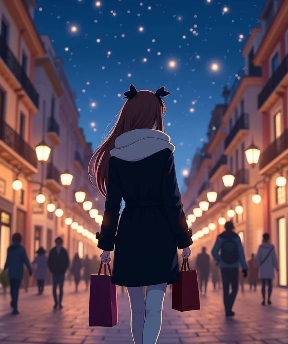  An 18-year-old white anime lady , anime To love ru,  soft lighting ,  is walking through a beautiful neighborhood in the city of Madrid , There are people around him ,  on a night with a starry sky ,  measures 1 .70 cm tall, Her measurements are B 60 , At...