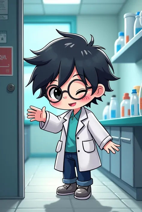 chibi style illustration magical doctor man with short hair,black hair. who wore glasses, and a lab coat, putting her hand into her hospital lab,black eye