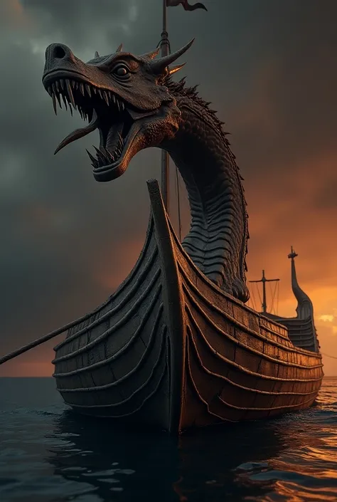 Prompt: "Detailed Viking longship design, UHD, dragon head on prow, intricate woodwork, cinematic lighting