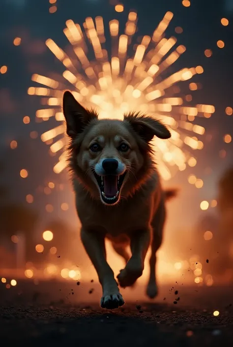 Dog with a scared and sad expression runs away from many exploding fireworks