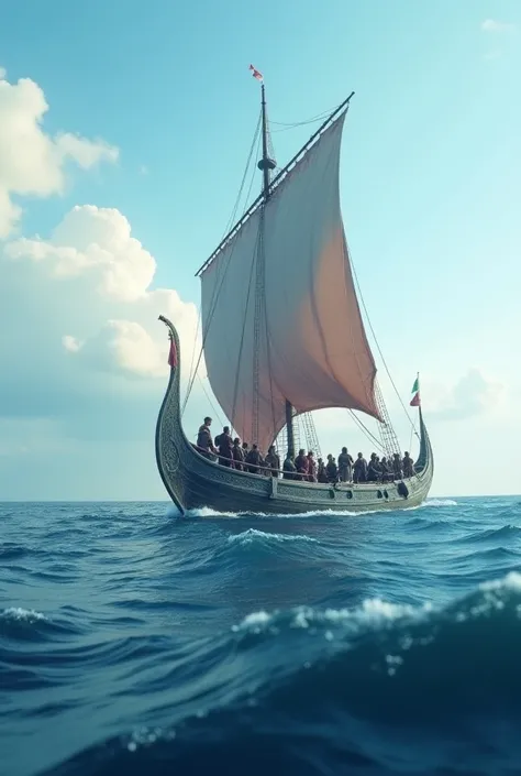 Prompt: "Viking ship in open sea, UHD, vast horizon, determined crew, cinematic framing."