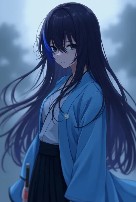 Dark purple long hair that hides the waist 　Black and blue hair　 turn a section of ones bangs blue blue blue with blue highlights on the bangs　 part of the bangs is light blue 　Dark Eyes　Sharp, Cool Eyes 　Light blue haori coat　 white triangular coat on the...