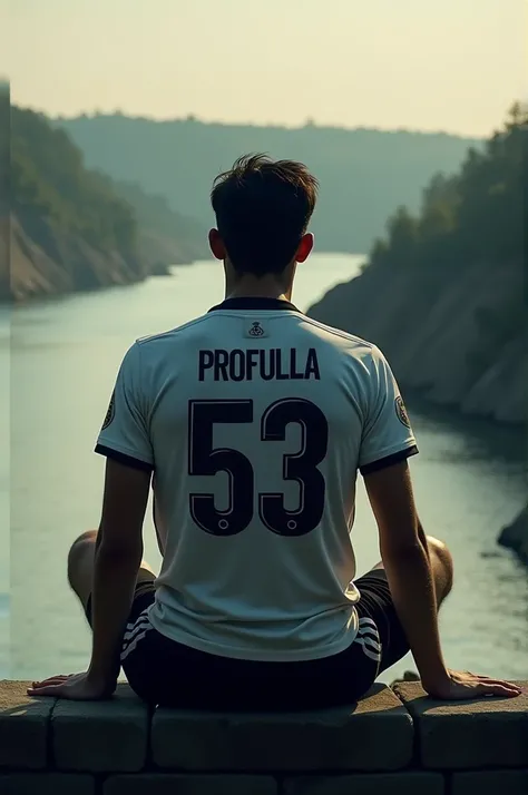 A 23 years aged brown color man is sat on a dense riverside damn which is made of blocks. The man is wearing a black pant and a real madrid jersey of no 53 Named Profullya. Capture is from backside without showing the face of man.