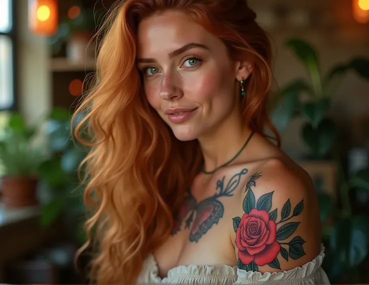 A breathtakingly beautiful female tattoo artist in a warm, 1970s-inspired bohemian studio, intensely focused on her work. Her long, luxurious copper curls cascade over her shoulders, framing radiant green eyes and a delicate, captivating smile. Her freckle...