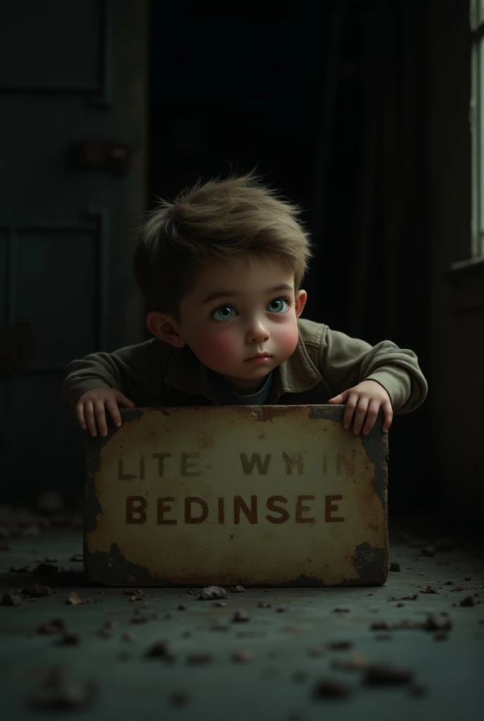 "The boy with big expressive eyes and fluffy brown hair bends down to pick up the old sign, squinting to read the faded text. The dim light casts shadows on his face, highlighting his worried expression."
