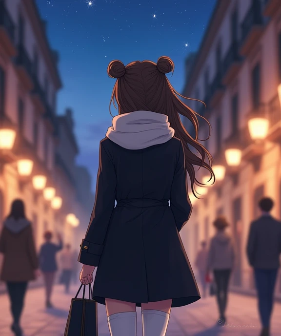  An 18-year-old white anime lady , anime To love ru,  soft lighting ,  she is walking through a beautiful neighborhood in the city of Madrid , There are people around him ,  on a night with a starry sky ,  measures 1 .70 cm tall, Her measurements are B 60 ...