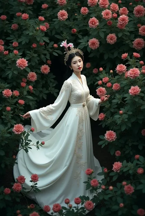 8K, Vietnames 1man full body Pose, suit black, ancient style, in the nature.,Extreme Wide Shot,aerial perspective,top-down view,grand scale,central subject,woman in In a modest dress white, In a modest dress petals are covered around, ,ethereal Color black...