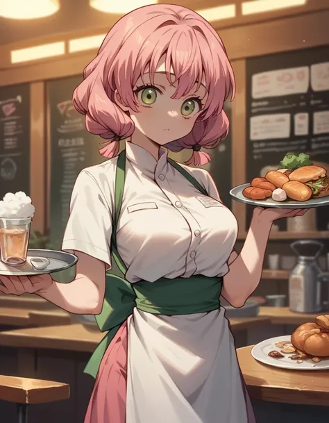 mitsuri, demon slayer, slim waist, perfect body, big boobs, detailed face, working as a part time waitress in a restaurant, enjo...