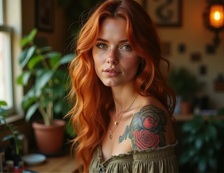 A breathtakingly beautiful female tattoo artist in a warm, 1970s-inspired bohemian studio, intensely focused on her work. Her long, luxurious copper curls cascade over her shoulders, framing radiant green eyes and a delicate, captivating smile. Her freckle...