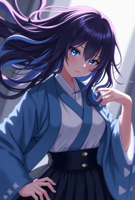 Dark purple long hair that hides the waist 　Black and blue hair　 turn a section of ones bangs blue blue blue with blue highlights on the bangs　 part of the bangs is light blue 　Dark Eyes　Sharp, Cool Eyes 　Light blue haori coat　 white triangular coat on the...