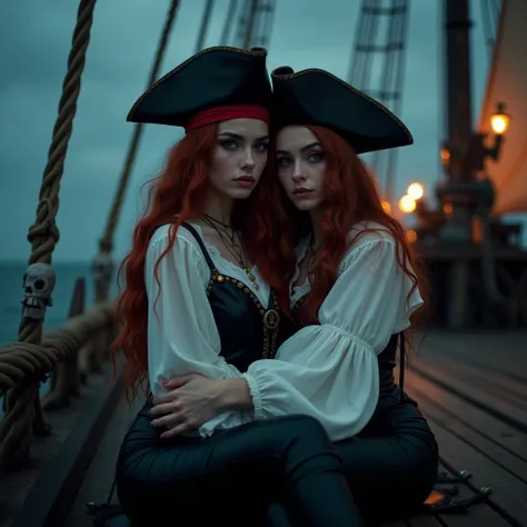  pirate film scenes  ,  2 woman hugging beautiful young woman ,   one of the white many braids , made up, } wear a white blouse long sleeves ruffled pirate style short ,  tight black leather pants , She has a red bandana ,.  second woman long hair red hair...