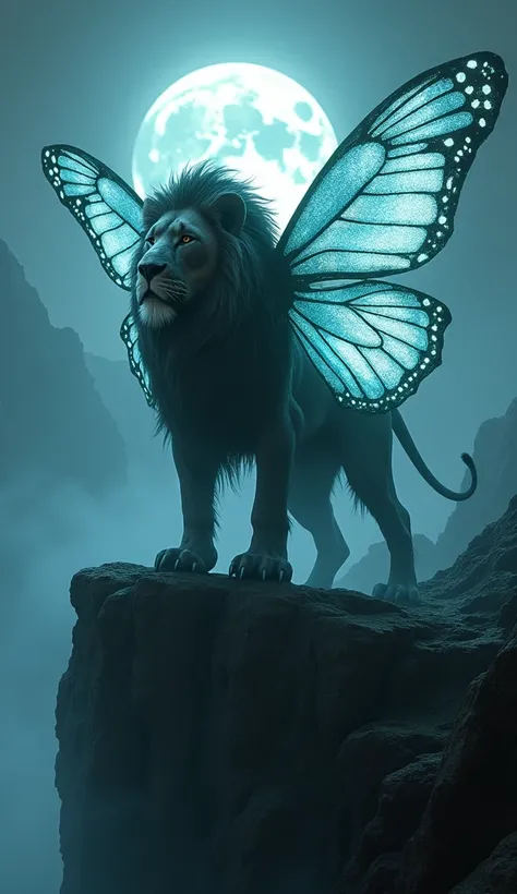 A monstrous hybrid of a lion and butterfly emerges, with fierce lion features and large, radiant butterfly wings. It stands tall on a dark cliff, illuminated by misty moonlight, its wings emitting an eerie, ghostly glow.