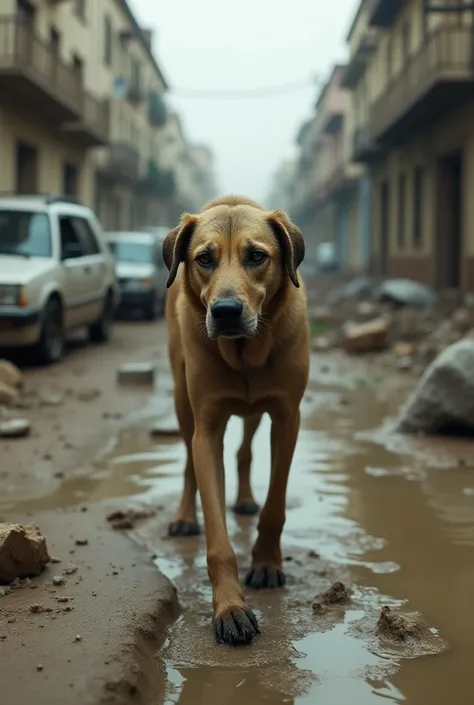 A stray dog with a mans face walking on a street in Valencia,  the street is full of mud and cars destroyed after a flood. 