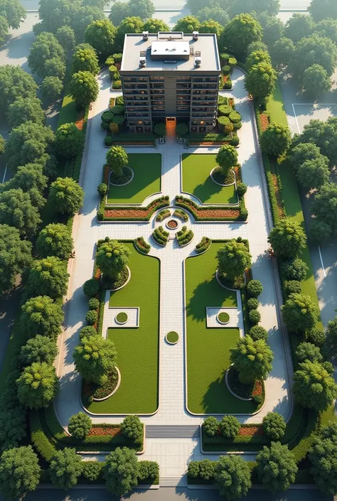 Rectangular Landscaping plan of residence big appartment with roads and trees