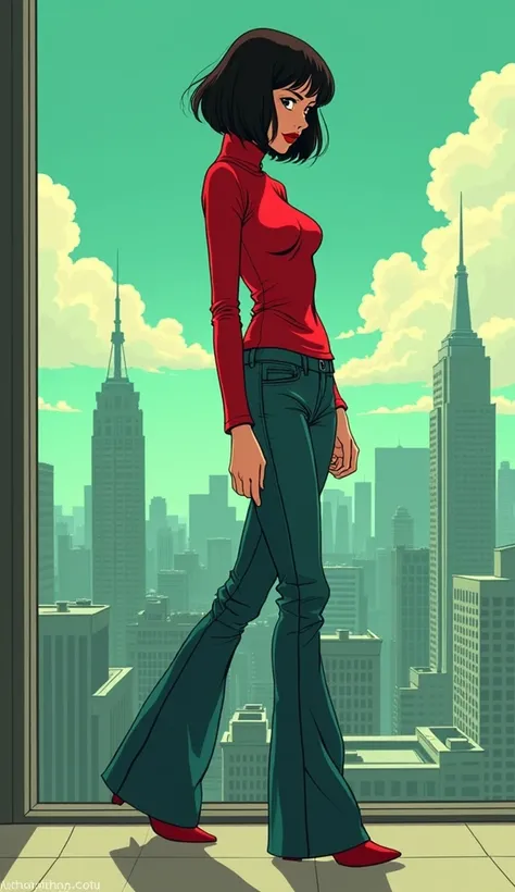 Vector illustration, anime, Woman, orgasm, turtlenecks and flared jeans and levis flared jeans, in the skyscraper, bob-cut, heels, green,red,sky, red lips, provocative photo shoot