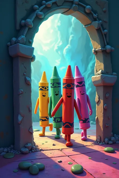 blue, green, pink, yellow and red crayons walking through the door to the magical eraser