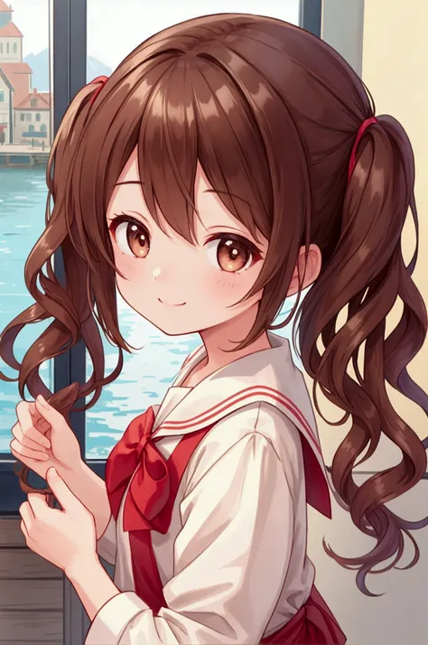  girl、smile、Brown Hair、Wavy twin tails、Port town