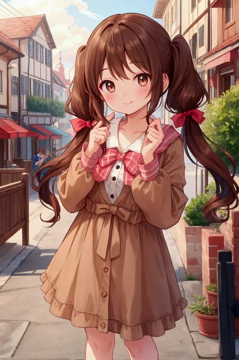  girl、smile、Brown Hair、Wavy twin tails、Port town