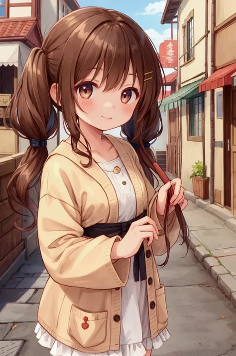  girl、smile、Brown Hair、Wavy twin tails、Port town