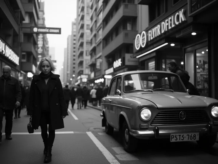 (black & white street) art photo, A Polish woman with short blonde hair walking on street in Hong Kong, polish fiat126 on the right