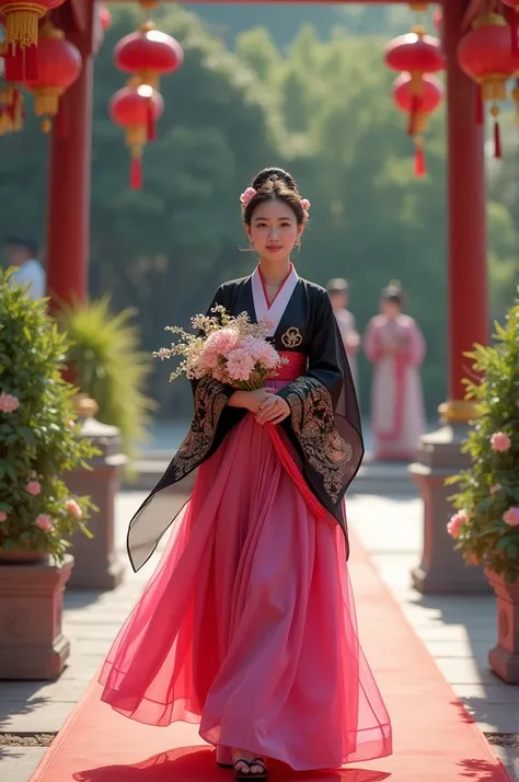 A Korean girl wearing a pink and black dress holding flowers goes to a wedding ceremony 