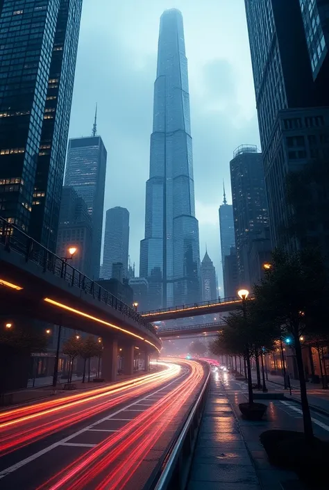 Traffic light track 、 skyscraper directly above、flyover、 light track time-lapse photography effect，Taken with a Nikon camera