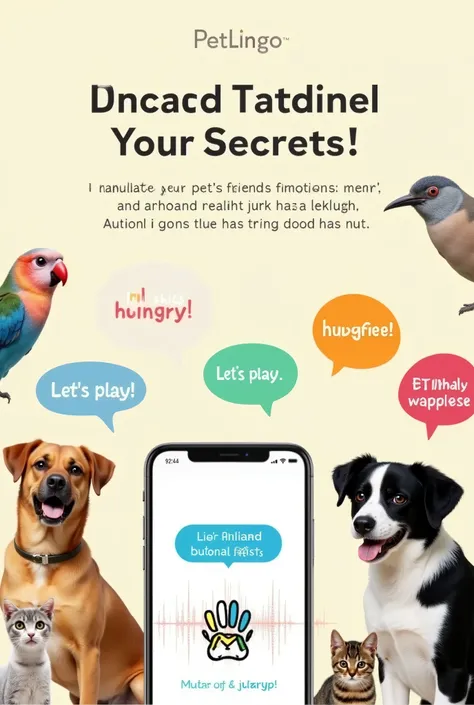 Product Technique: Interactive Experience
Visual: A dynamic scene featuring a smartphone displaying the PetLingo app, surrounded by various pets (dogs, cats, birds) with colorful speech bubbles showcasing their emotions—like "I’m hungry!" or "Let’s play!"
...