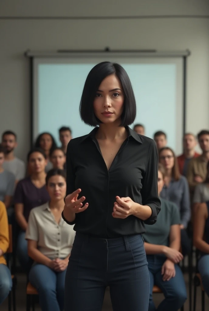 Make a white Brazilian woman, short straight black hair,  giving a lecture backwards to the image to 10 people all wearing casual clothes