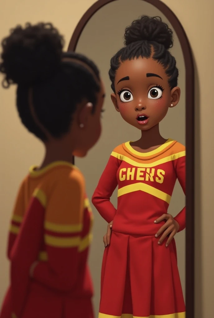 A  girl, african american, high school cheerleader, wearing a red and yellow cheerleader uniform, medium length skirt, long sleeve top,  pretty face, cute features, hair in a braided bun, looking a her reflection in her bedroom mirror, confused expression ...