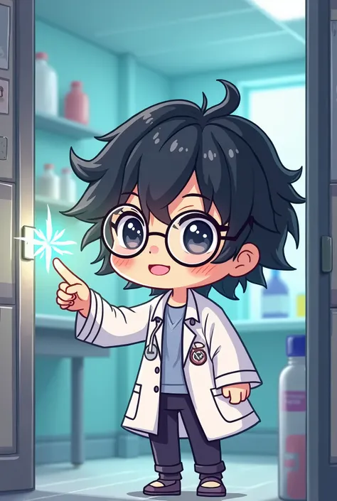 chibi style illustration magical doctor man with short hair,black hair. who wore glasses, and a lab coat, putting her hand into her hospital lab,black eye