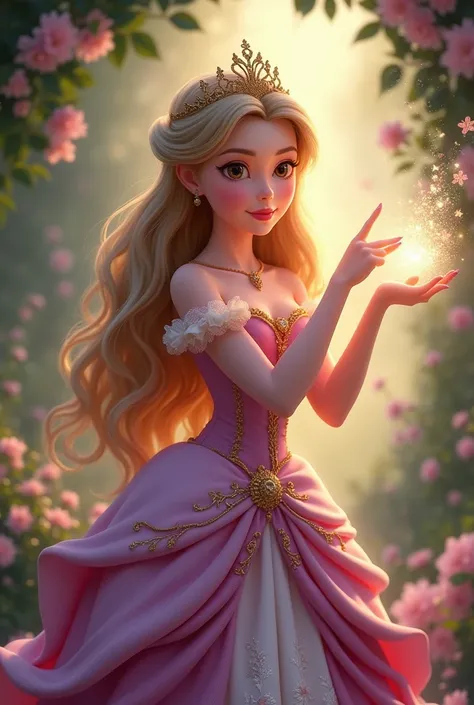 A Disney princess with pink and purple dress and golden lace playing with magic